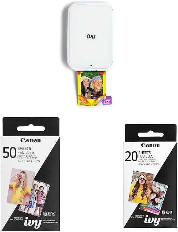 Canon Ivy 2 Mini Photo Printer, Print from Compatible iOS & Android Devices, Sticky-Back Prints, Pure White & Zink Photo Paper Pack, 50 Sheets & Zink Photo Paper Pack, 20 Sheets, White, 2" X 3".