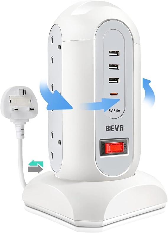 Tower Extension Lead, BEVA Surge Protected Extension Lead with 4 USB Slots 9 AC Outlets, UK Tower Power Strip with 1.65M Retractable Cable, Multi Plug Extension Socket with Switch for Home Office