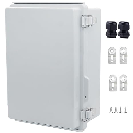 IP67 Waterproof Junction Box, ABS Plastic Electrical Enclosure with Stainless Steel Latch, Hinged Cover Electric Box with Mounting Plate, Wall Brackets & Cable Glands 290x190x140