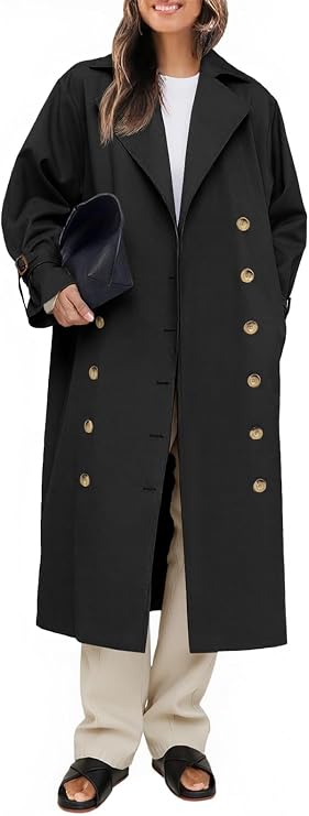 Tankaneo Womens Long Trench Coat Oversized Double Breasted Windproof Classic Lapel Casual Fall Overcoat