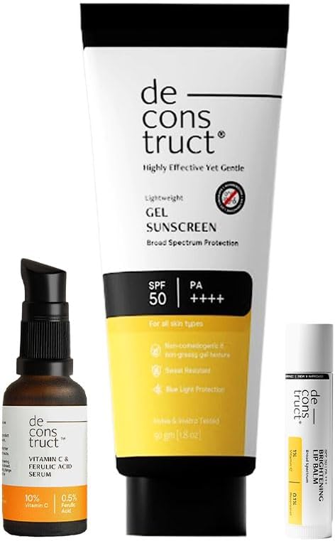 Deconstruct Daily Shield Trio: Gel sunscreen (50g) + Vitamin C Serum (30ml) + Lip Balm (4g) (Pack of 3)