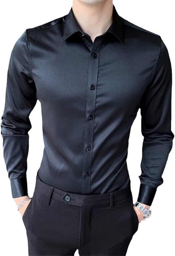 Autumn Winter Long Sleeve Shirt Men's Ice Silk Elastic Luxury Business Casual Comfortable Slim Solid Color Sha