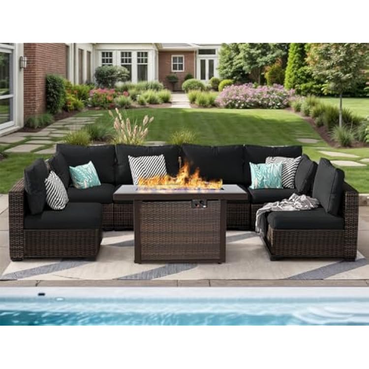 Patio Furniture Set 7 Pieces with 44 Fire Pit Table, Rattan Outdoor Sectional Conversation Sets, All Weather Outdoor Furniture Set with Cushions for Garden Lawn Balcony Porch Deck Black