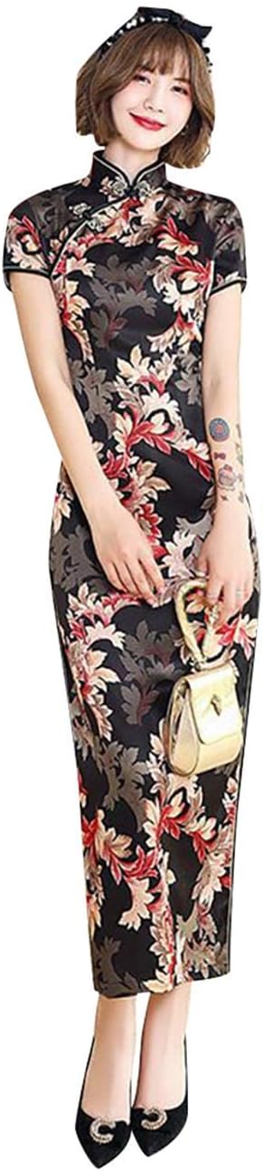 StarDY Women's Modern Cheongsam Maxi Dress Floral Print Short Sleeve Slim Fit Ankle Length Bodycon Qipao Tradtional Chinese Dress
