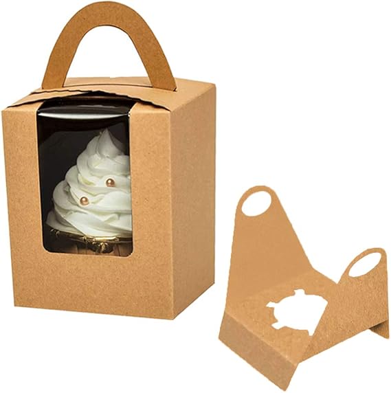 30 Pcs Cupcake Boxes Individual Kraft Paper Single Cupcakes Containers with Window Insert and Handle for Wedding Birthday Party Favor Packaging