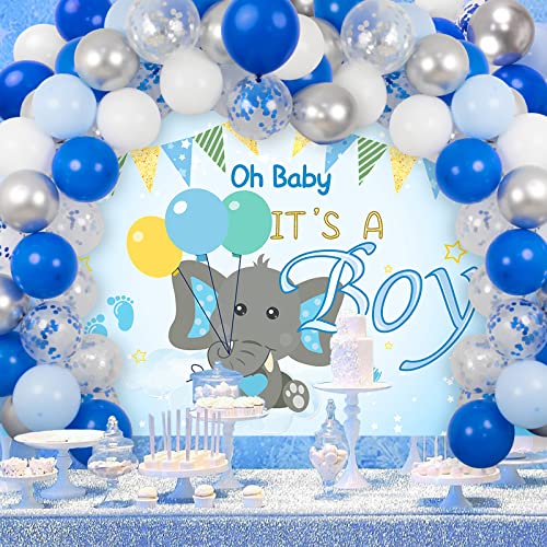 Baby Shower Decorations for Boy - Blue White Baby Shower Balloon Arch Garland Kit with Elephant Baby Shower Backdrop Banner for Kids Boy Blue Baby Party Decoration Supplies, 66 Pack