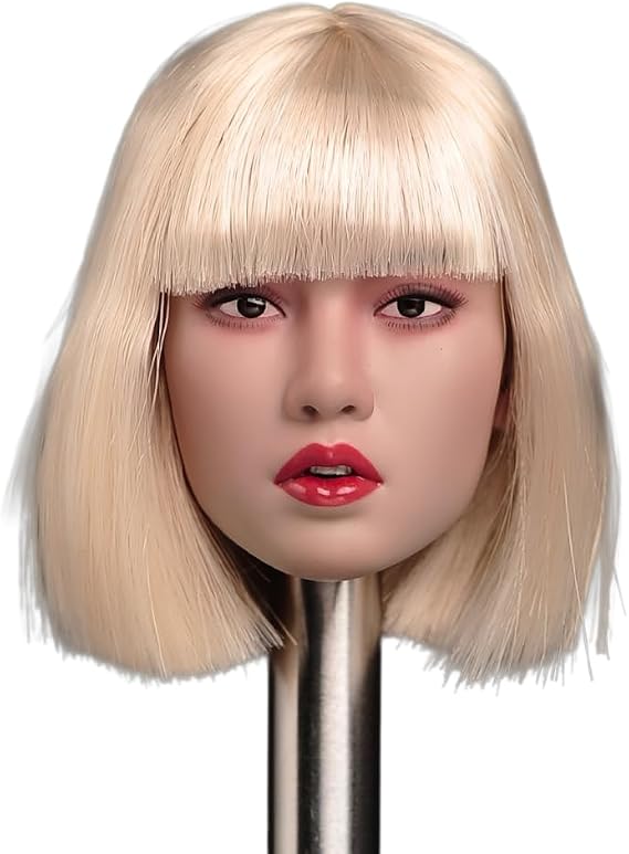 Fremego 1/6 Scale Female Head Sculpt, Beauty Asian Girl Short Blonde Hair Head Carved for 12inch Female Action Figure Body