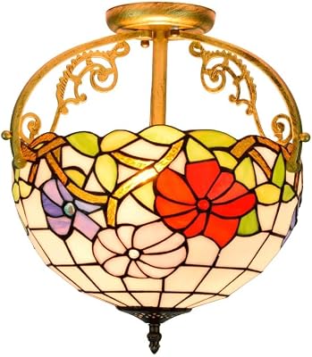 Tiffany Style Semi Flush Mount Ceiling Light, 12 Inch Stained Glass Chandelier Tricolour Petunias Uplighter Lamp Vintage Deco for Living Dining Room Bedroom Corridor