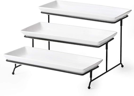 YHOSSEUN 3 Tier Serving Stand Tiered Tray Stand with 3 Porcelain Serving Platters Trays for Dessert Server Display Collapsible Sturdier Metal Rack 14 inch