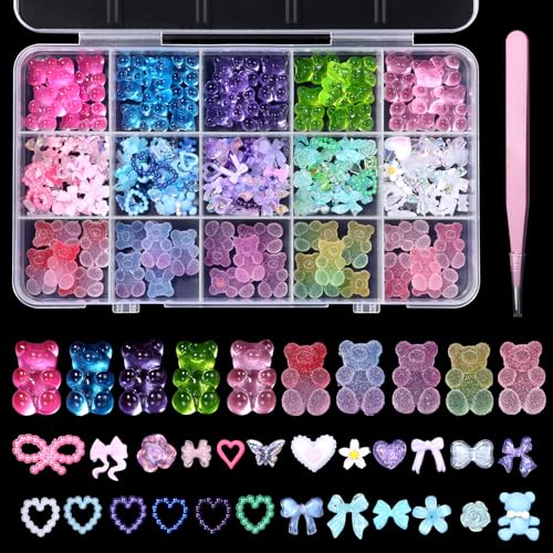 3D Gummy Bear Cartoon Nail Charms Set, Mixed Acrylic Flower Butterfly Bowknots Heart Pearls Nail Art Charms Colorful Bears Candy Cute Nail Charms for Nail Art DIY Accessories
