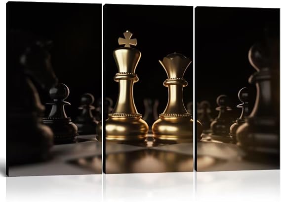 Wall HDQ Chess Wall Art Black and Gold Canvas Wall Decor King and Queen Paintings for Living Room Office 3 Pieces Pictures Prints Poster Artworks Framed Ready to Hang(20x 40inch/3 PCS)