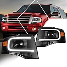 LED DRL Projector Headlight Assembly Compatible with Ford Expedition 07-14 | Headlamps with Black Housing Amber Corner