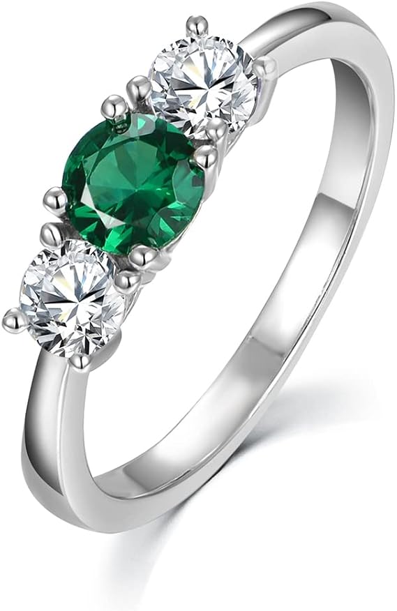 Ladies Solid Sterling 925 Silver 3 stone White Sapphire & Emerald Eternity Ring