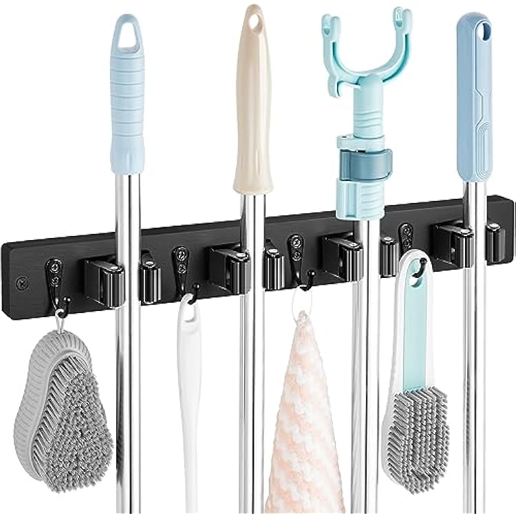 OUTNILI Black Mop Broom Holder Wall Mount with 4 Slots & 4 Hooks - Rustic Wood Broom Mop Hanger for Pantry Closet Laundry Room Organization - Heavy Duty Garden Tool Organizer - Black Kitchen Decor