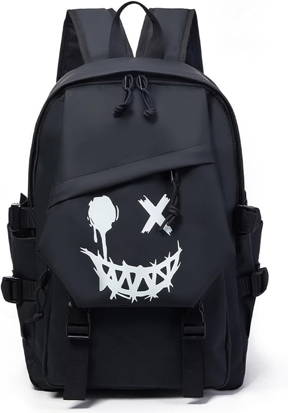 Vintage Backpack Laptop Compartment Smiley Face Fluorescent Effect Multi Compartment Unisex Travel Backpack Adjustable Straps Black Oxford Backpack