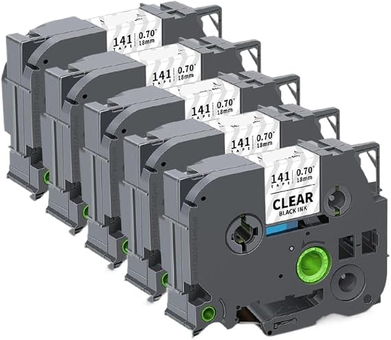 5PK 18mm Label Tape Compatible with Label Printer Models PT E500 TZE241 141 441 541 641 741(Black on Clear)