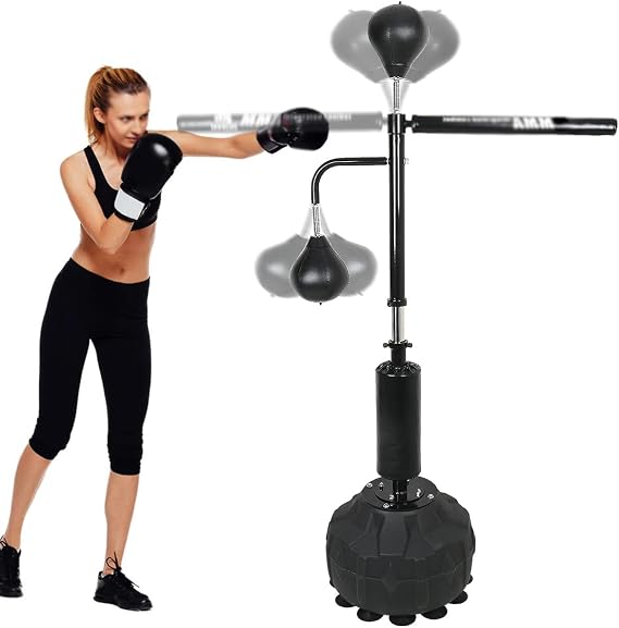3-in-1 Freestanding Boxing Punching Bag Stand with 2 Speed Balls, 360° Relax Bar, PU-Wrapped Bag & Waterable Base, Adjustable Height Spinning Bar, Boxing Equipment for Teens Adults