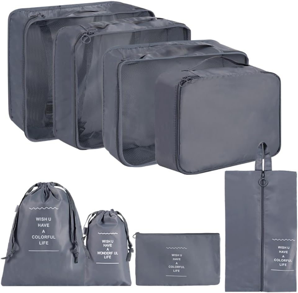 8 pcs Packing Cubes Set, Travel Luggage Organizer Storage Bags Suitcase Packing Cases Including Updated Toiletry Bag, Laundry Bag & Shoes Bag (Grey)