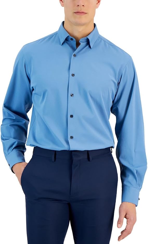 Alfani Men's Regular Fit Travel Knit Button Down Shirt Blue 16-16.5/34-35, Large