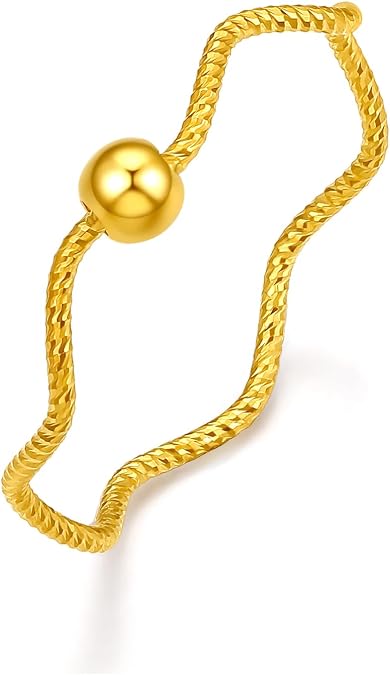 ZHOU LIU FU 24K Solid Gold Rings 3mm Bead Thin Twisted Wave Band Stackable Ring Real Gold Simple Danity Rings Wedding for Women Girlfriend Gifts Ring Size: 8-18