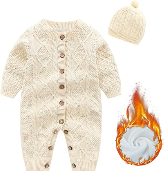 Baby Newborn Boy Knitted Sweater Romper Cotton Longsleeve Outfit with Kids Winter Warm Hats Set