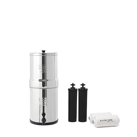 Travel Berkey Gravity-Fed Water Filter with 2 Black Berkey Elements + 2 Berkey PF-2 Fluoride and Arsenic Reduction ElementsUse at Home or Outdoors