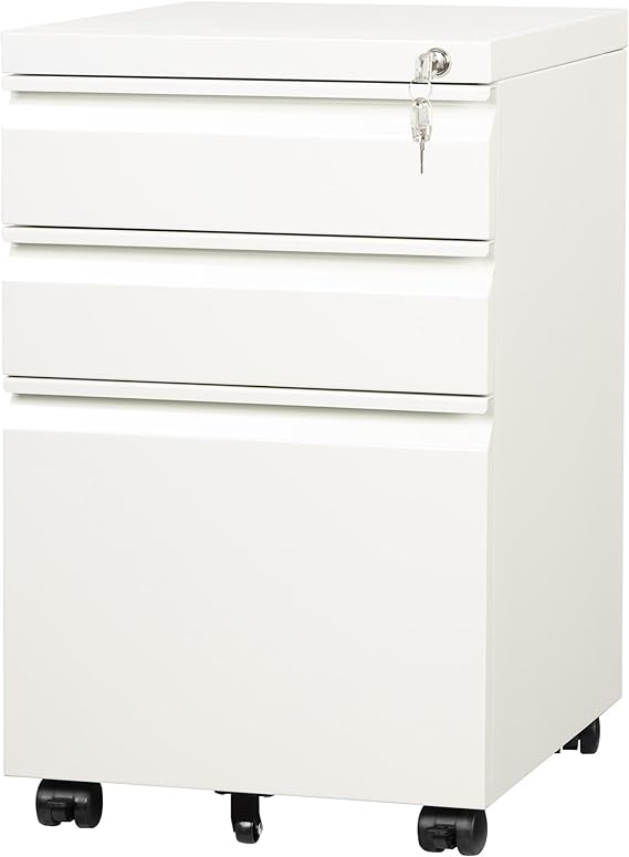 DEVAISE 3 Drawer Filing Cabinet, Lockable File Cabinet, Under Desk Drawers with Storage, Metal Fits Letter / A4 Size for Home Office, White