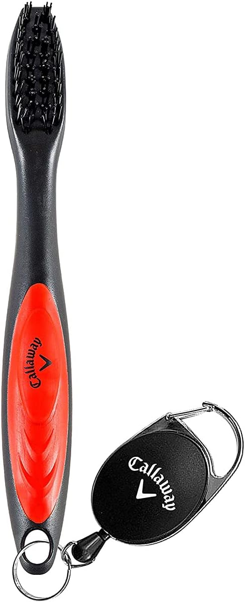 Callaway Premium Golf Club Brush for Clubs and Shoes with Retractable Cord, Soft and Hard Nylon Bristles, Carabiner Clip