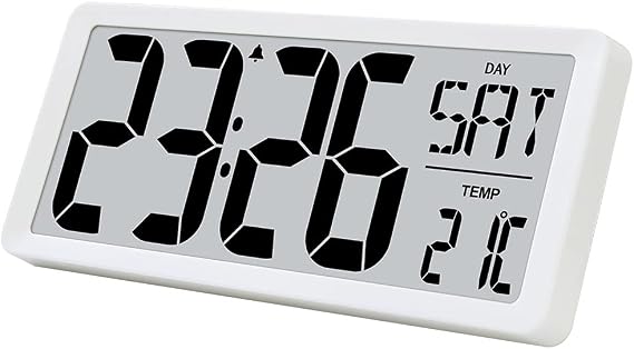 TXL 14.2" Large Digital Day Wall Clock, Custom 8 Languages Calendar, Count up-Down Timer and Temp Reminder, 12/24Hr Desktop Alarm Clock with Extra Large Display for Home Office Studio Hotel, White