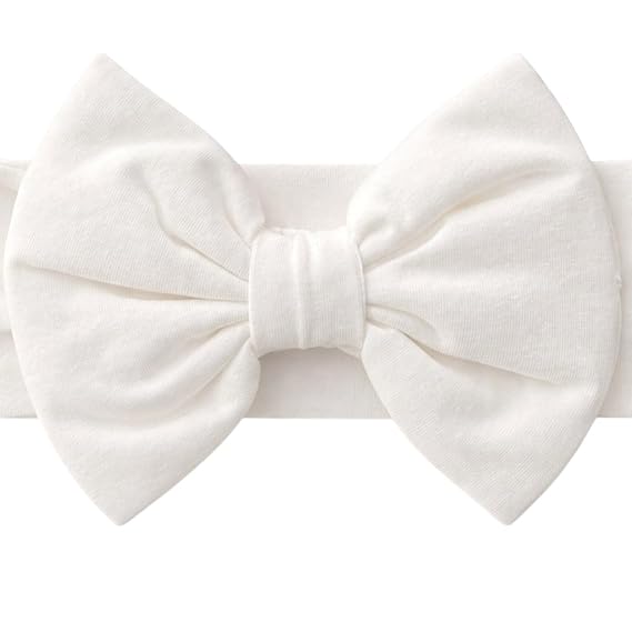Newborn Baby Girl Headband 06 Months Soft Cotton Big Bow Headband for Infants, Stretchy Baby Hair Band, 4.3" (11 cm) Bow, 2.4" (6 cm) Band (Soft White, 0-6 Month)