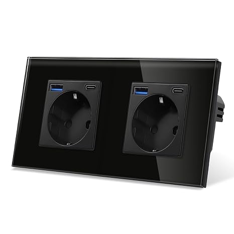 CNBINGO Glass Double Socket with USB Ports (Type-C and Type-A Support 20 W Fast Charging) Double Socket Flush-Mounted in Black Schuko Protective Contact Wall Socket with Glass Frame