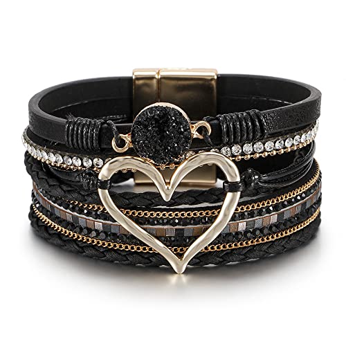 Fuqimanman2020 Punk Multilayer PU Leather Love Heart Shape Wide Wrap Bracelet Crystal Mutual Clasp Bangle Wristband Cuff Armband for Women Men Lover Velentines Day Wedding Jewelry