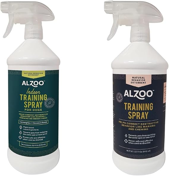ALZOO Indoor and Outdoor Training Spray for Dogs, Helps Correct Destructive Behavior Like Marking & Chewing On Indoor Areas, 100% Plant-Based Active Ingredients, 32 Fl. Oz. Spray Bottle