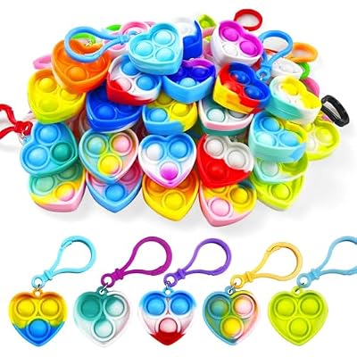 100 Pack Heart Shape Pop Fidget Keychain Pop Fidget Toys Bulk Party Favors for Kids 4-8,8-12 Years, Goodies Bag Stuffers Bulk, Gift for Kids, Boys, Girls
