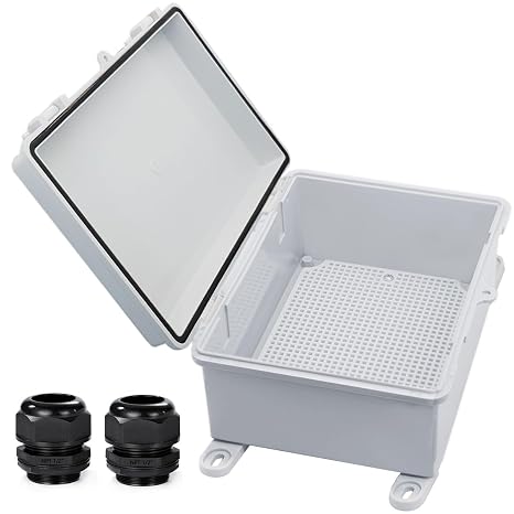 Waterproof Outdoor Electrical Box Junction Box Weatherproof IP67 ABS Plastic Enclosure Switch Router Project Box with Mounting Plate with Wall Bracket 2 Cable Glands Grey 8.7"x6.7"x4.3"