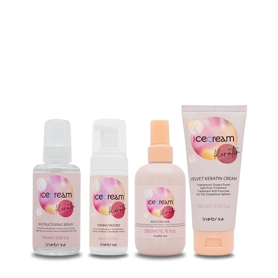 Inebrya Ice Cream Keratin 4-Piece Leave-In Styling & Repair Kit - Mousse, Serum, Spray & Cream for Frizzy, Damaged & Fine Hair | for Volume, Heat Protection & Split End Repair