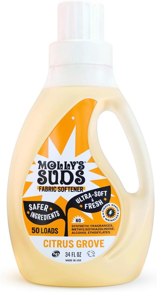 Mollys Suds Fabric Softener Liquid for Sensitive Skin | Vinegar-Powered, Infused with Essential Oils | Fights Static, Reduces Wrinkles, Deodorizes | Citrus Grove, 50 Loads