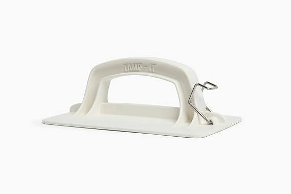 TAMP-IT HandyPress Hand Trash Compactor Tool- Heavy Duty Hand Tamper Tool for Kitchen, Home, Commercial Bins, Garbage, Waste Recycling, Space-Saving Trash Smasher with Hanging Hook, White, 10 x 6 in