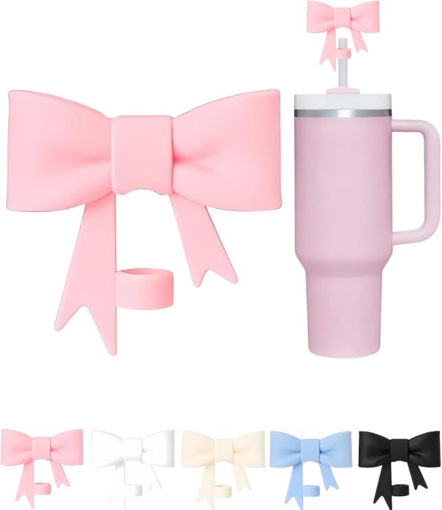 1pc Silicone Straw Cover – Compatible with Stanley Quencher – Dust Protector for 10mm Straws, Design with Bow – Pink Color