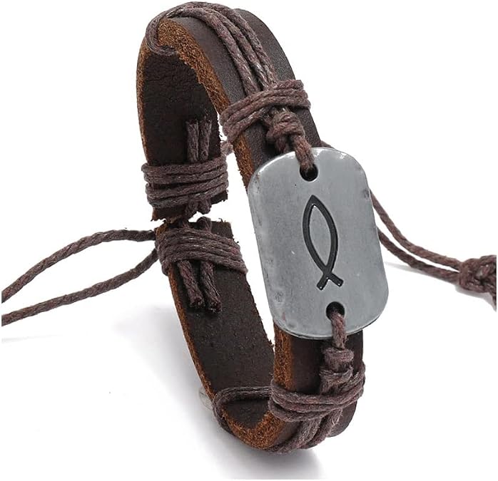 Sign of The Fish Men's Leather Wrap Bracelet Retro Braided Leather handmade Bracelet Adjustable for men