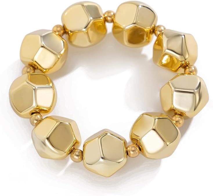 Gold Beaded Bracelet for Women Big Round Ball Beaded Elastic Bracelet Chunky Gold Bracelets Adjustable Stretch Strand Bracelets Fashion Dainty Jewelry Gift for Women