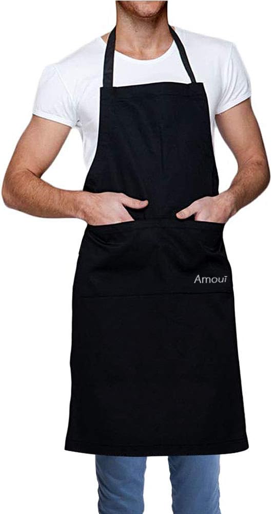Waiter Chef Barista Kitchen Apron, Long Waist Adjustable Neck Belt with Pockets, Waterproof Apron Men Adults Kitchen for Women, Restaurant Garden BBQ Workshop Polyester Cotton