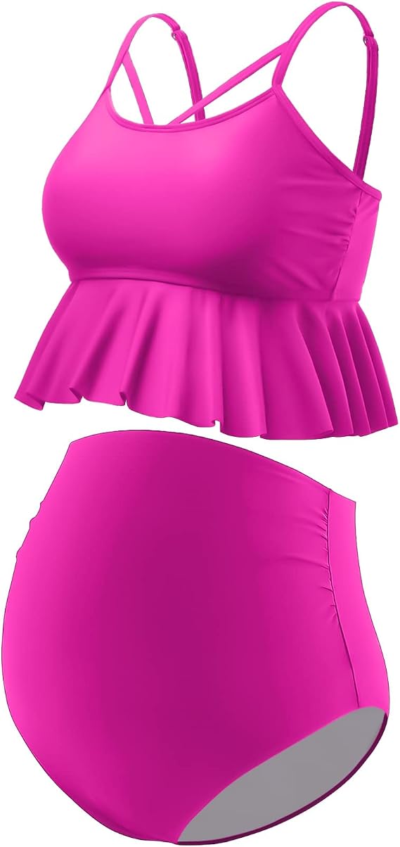 GINKANA Maternity Bikini Two Piece Swimsuits Ruffle High Waisted Maternity Bathing Suit Summer Pregnancy Swimwear