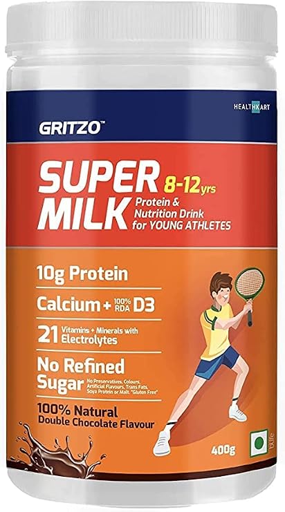 puu Gritzo SuperMilk 8-12y Kids Nutrition Drink and Protein Powder for Kids Growth & Sports : Whey Protein, Calcium + D3, 21 Nutrients, Zero Refined Sugar, 100% Natural Double Chocolate Flavor 400g