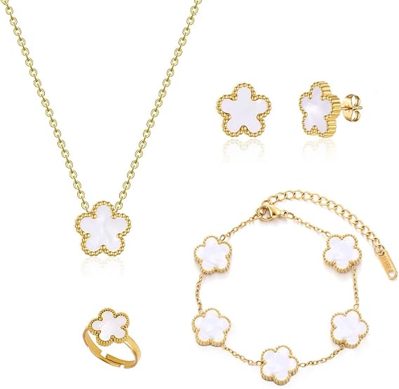Four-Leaf Clover Jewellery Set for Women Girls 18K Gold Plated Stainless Steel Lucky Double-sided Clover Pendant Necklace Stud Earrings Bracelet Ring Adjustable Jewellery Sets Birthday Gifts 5 PCS