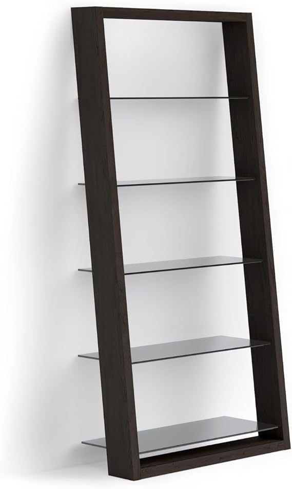 BDI Furniture Eileen 5166-74" x 34.25'' Leaning Shelf for Living Room, Family Room or Office with 5 Polished Tempered Glass Shelves, Charcoal Stained Ash