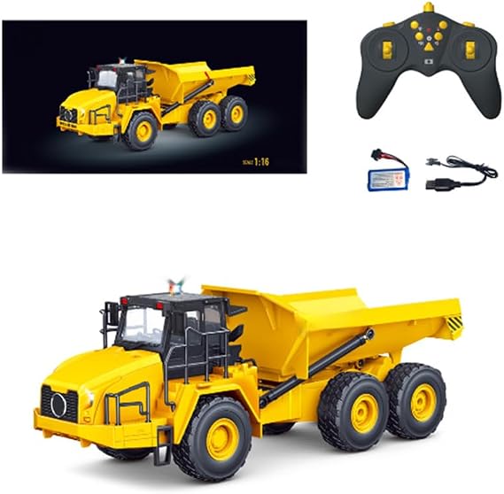 RC Articulated Dump Truck Vehicle Model, 1/16 Scale 2.4G Construction Vehicle with Release Loads Automatically, LED Lighting and Simulated Sound Effects (RTR)