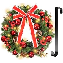 Fohil 16 Inch Christmas Wreath with 30 LED Lights, 8 Modes Pre-lit Christmas Wreath with Pine Cones, Red Berries, Metal Hanger, Battery Operated Xmas Wreath for Front Door Wall Xmas Decorations