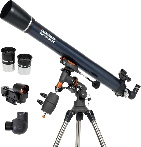 Celestron AstroMaster 90EQ Refractor Manual Telescope for Beginners Fully-Coated Optics Adjustable-Height Tripod Includes Accessories Plus Astronomy Software Package