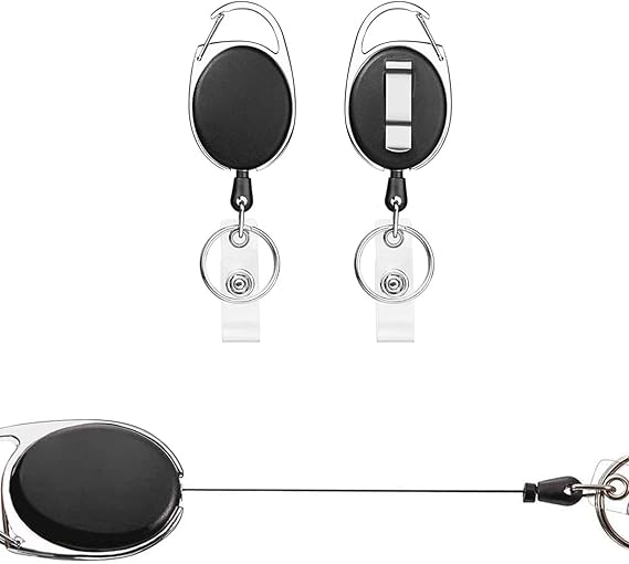 Retractable Badge Holder,Badge Reel 2 Pcs for Id Card Badge Holders, Keyring,Keychain,with Clip,Retractable Lanyards (Black 2 Pcs)